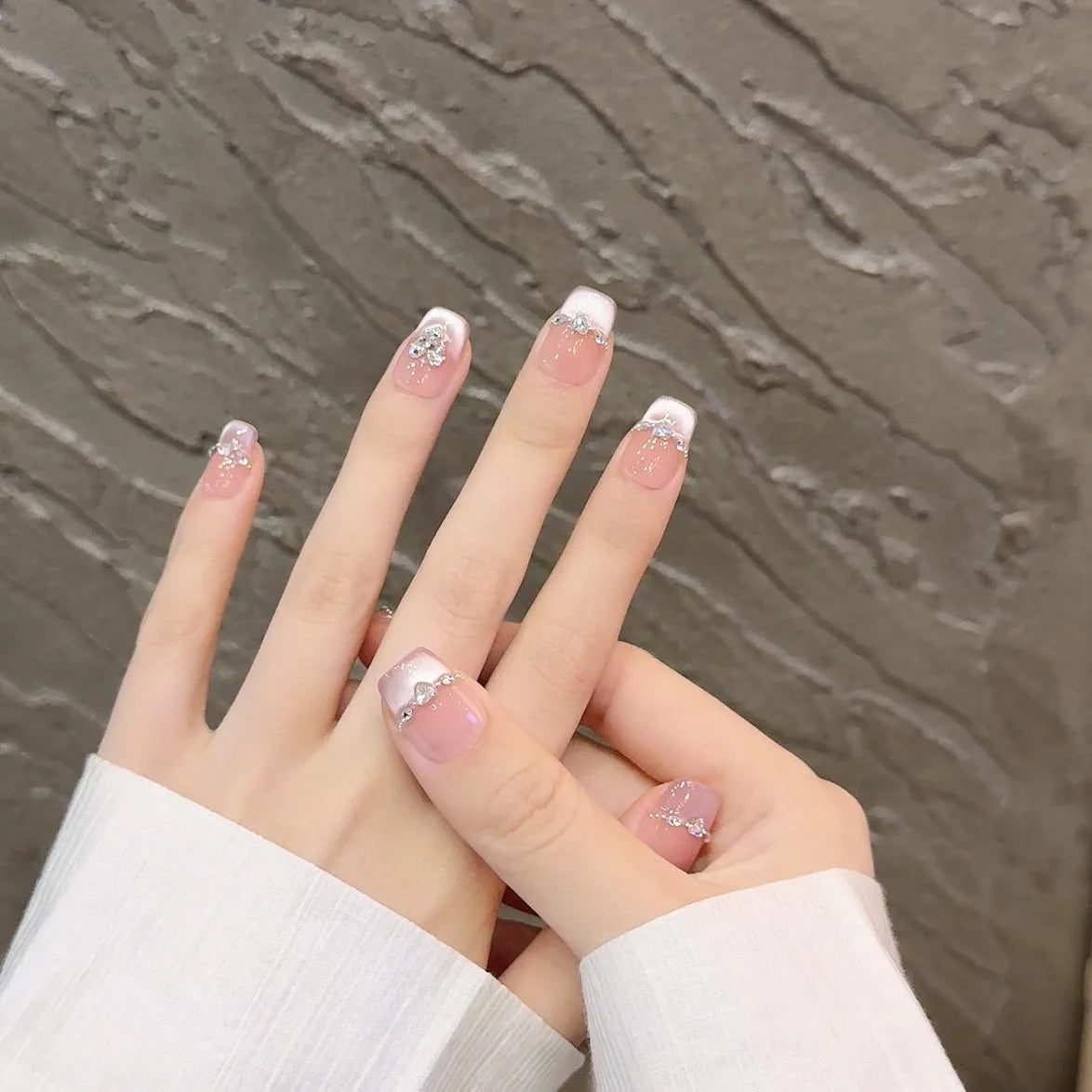 10pcs Cat Eye Handmade Press On Nails with Rhinestone Design False Nails Full Cover French Ballerina Wearable Artificial Nails