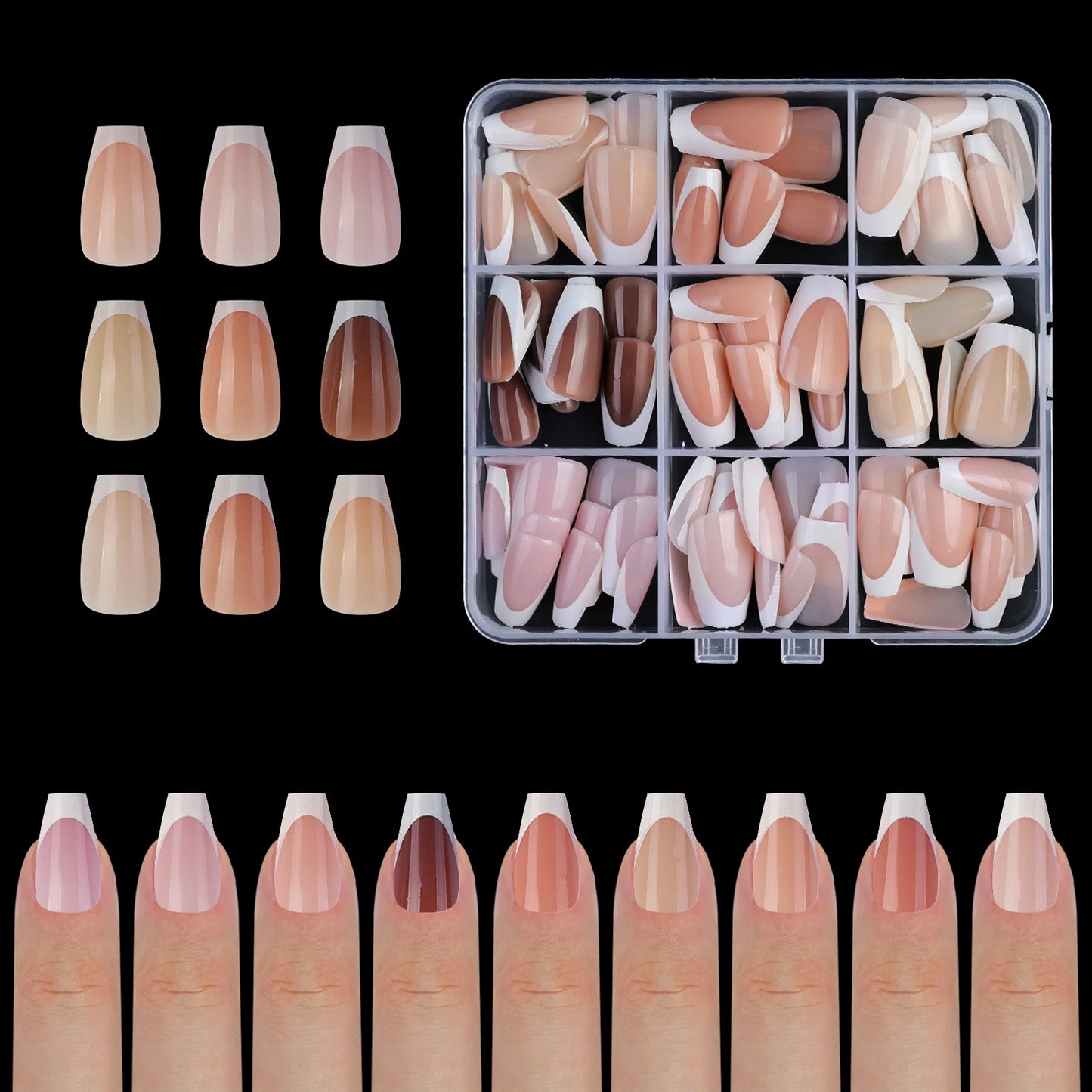 9 Palace lattice Almond Blend French Fake nails Simple Oval nude powder full cover press nails white edge Artificial removable