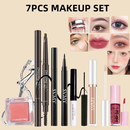 Professional 7PCS Makeup Kit – Blush, Eyeliner, Mascara, Lip Gloss & Tools
