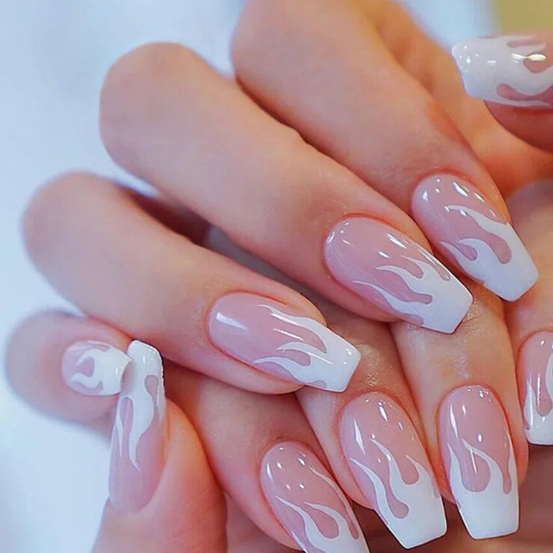24PCS/Box 2022New Artificial Nails With Glue Milky White Pink Gradients Long Ballet Full Cover Acrylic Nail Stick Fake Nail Tips