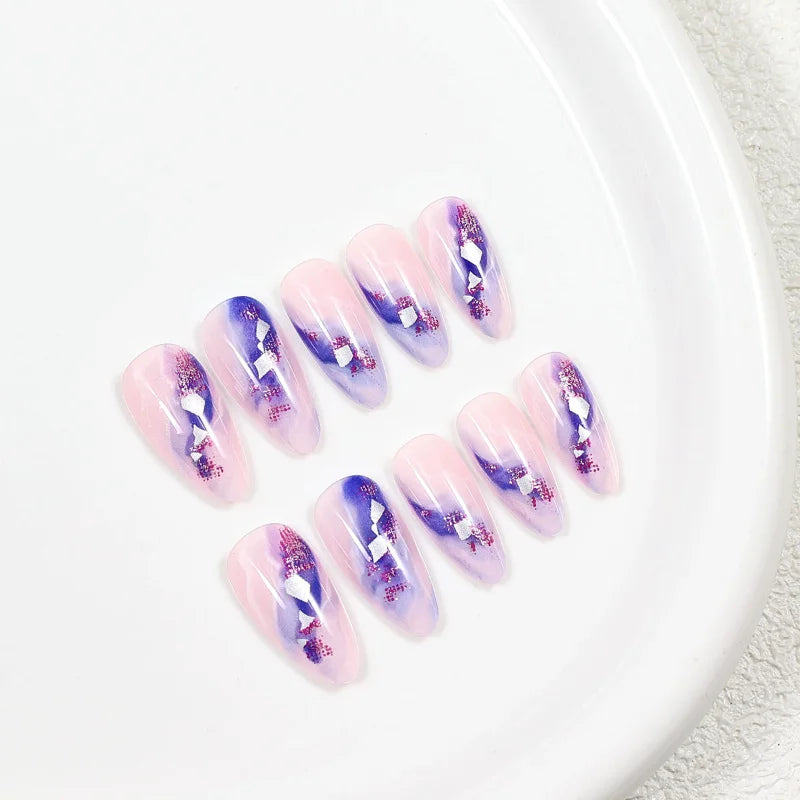 24Pcs Almond French Fake Nails with Purple Gradient Blending Press on False Nails Full Cover Artificial Wearable Manicure Tools