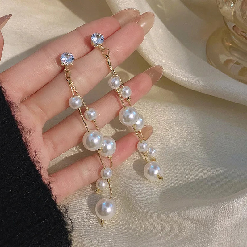 Long Earrings Elegant Pearl Tassel Earrings for Women Crystal Drop Earrings Korean Fashion Dangle Earrings Wedding Party Jewelry
