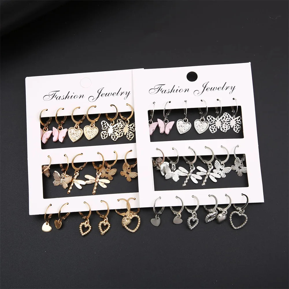 9 Pairs Gold Color Silver Color Metal Hollow Heart Butterfly Drop Earrings Set for Women Acrylic Dangle Earring Jewelry Gift