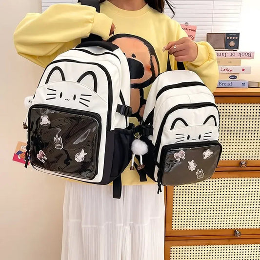 Cat Cartoon Dual-Shoulder Backpack for Girls Primary And Middle School Students Nylon Material Bookbag Easy to Carry