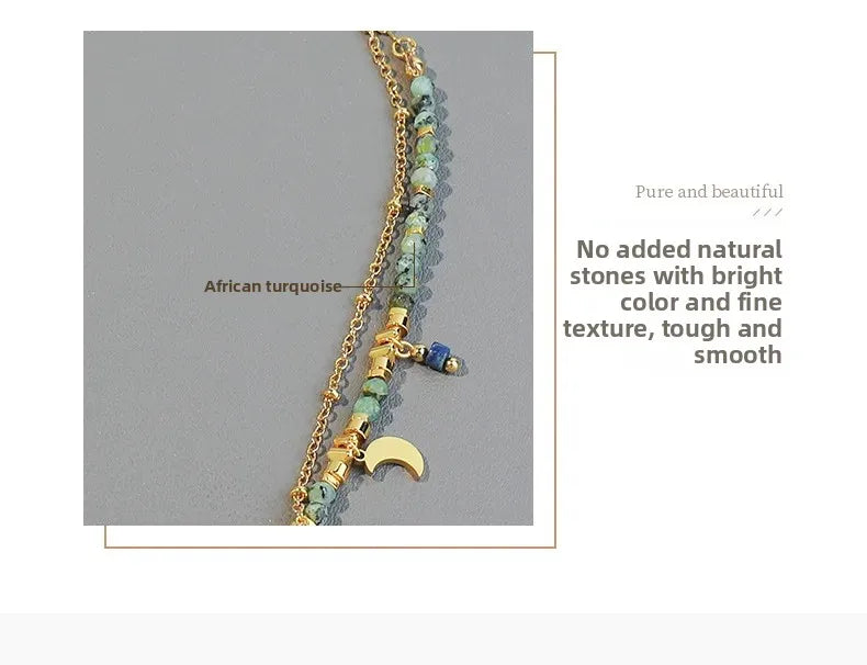 Bohemian Versatile African Turquoise Handmade Beaded Necklace Moon Pendant High-End Layering Clavicle Chain Jewelry Accessory