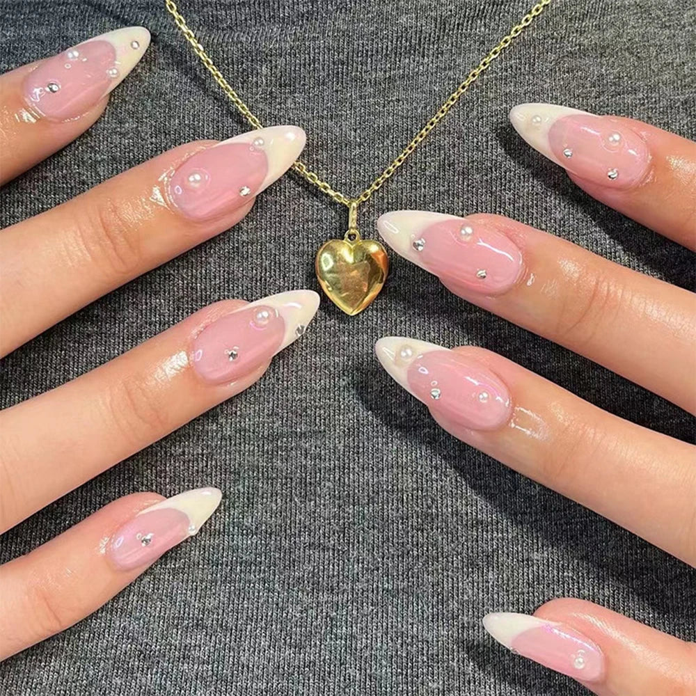 French White Tips Almond False Nails Y2K Black Star Designs Charm Fake Nail Full Cover Ballet Press on Nails Artificial Manicure