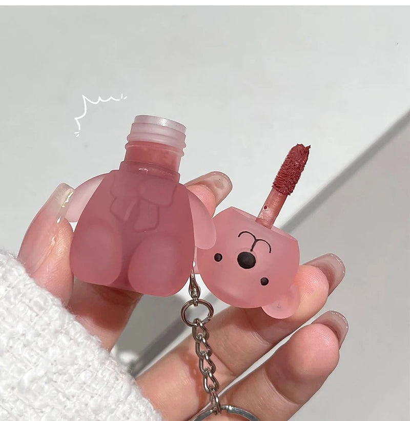Cute Bear Keychain Velvet Mist Lip Glaze Waterproof Lasting Matte Lipstick Orange Lips Tint Women Dupes Korean Makeup Cosmetic