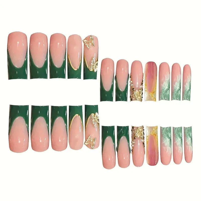24Pcs Green French Fake Nails with Diamond Gold Butterfly False Nails Elegant Acrylic Artificial Nails Wearable Long Square Nail