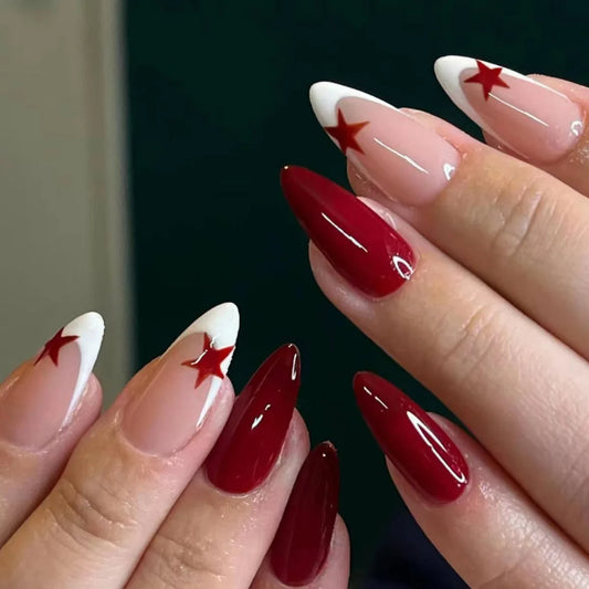 French Fake Nails Red Five-pointed Star False Nails Full Cover Press on Nail Tips y2k Nail Art Almond Artificial Nail Patches
