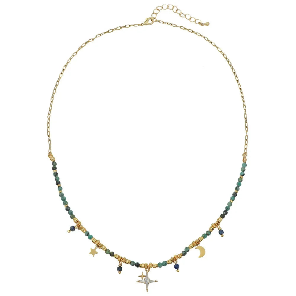 Bohemian Versatile African Turquoise Handmade Beaded Necklace Moon Pendant High-End Layering Clavicle Chain Jewelry Accessory
