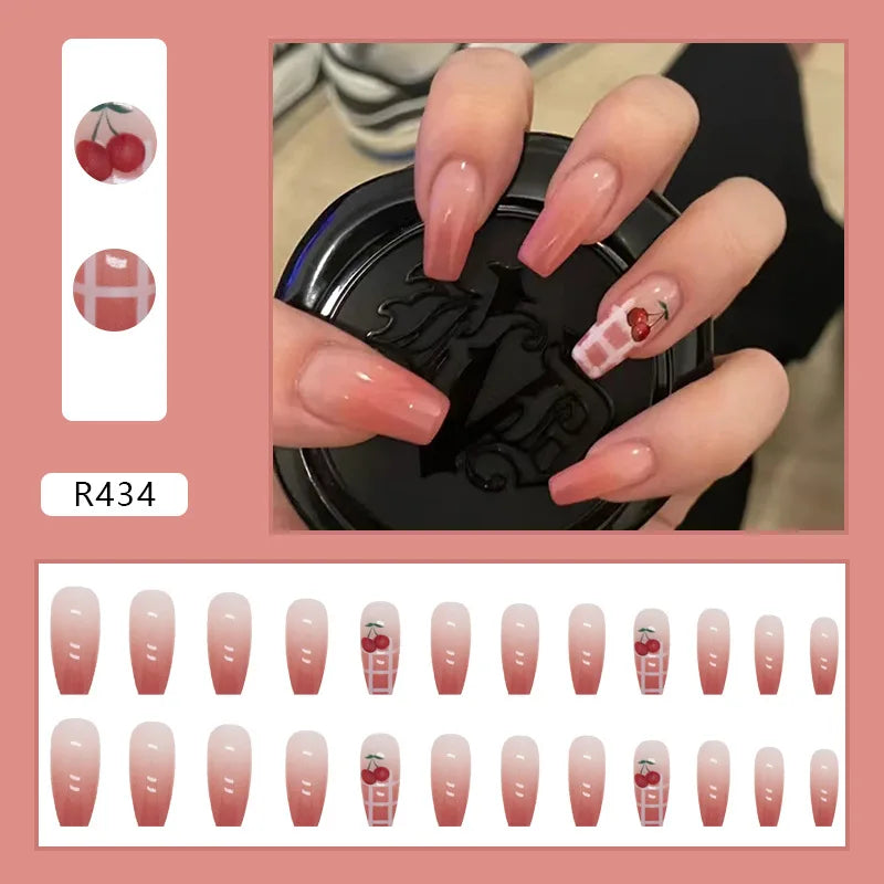 24PCS/Box 2022New Artificial Nails With Glue Milky White Pink Gradients Long Ballet Full Cover Acrylic Nail Stick Fake Nail Tips