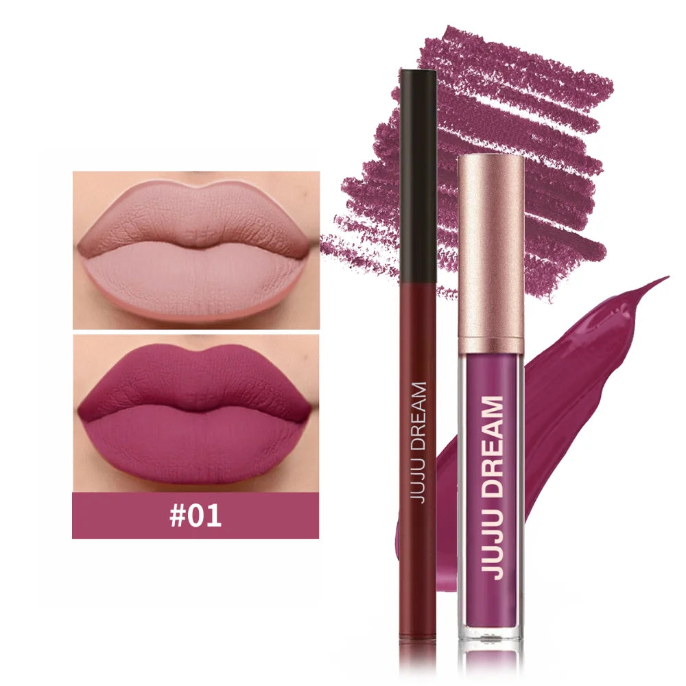 Matte Lip Liner & Lipstick Set, Waterproof Long-Lasting, Soft Matte Finish, Easy Apply, Xmas & Halloween Makeup, Unisex Safe