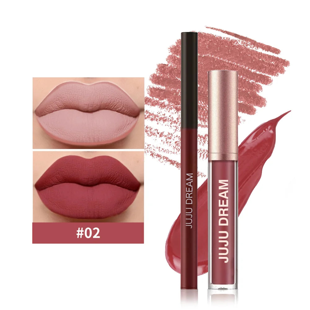 Matte Lip Liner & Lipstick Set, Waterproof Long-Lasting, Soft Matte Finish, Easy Apply, Xmas & Halloween Makeup, Unisex Safe