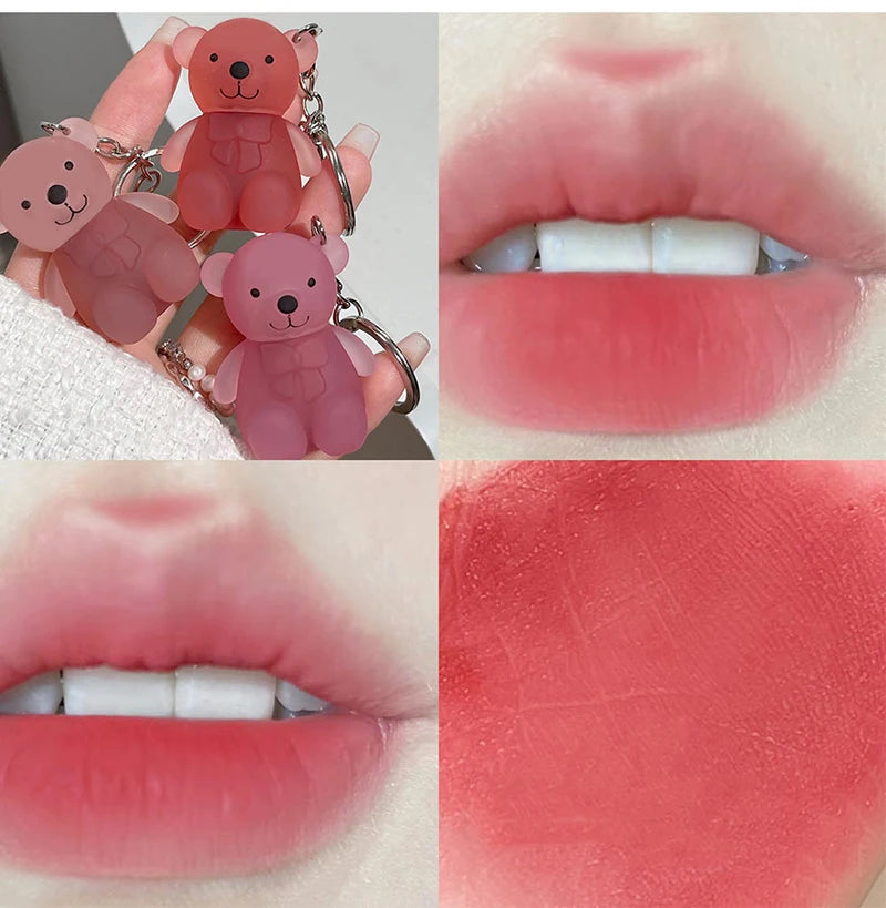 Cute Bear Keychain Velvet Mist Lip Glaze Waterproof Lasting Matte Lipstick Orange Lips Tint Women Dupes Korean Makeup Cosmetic