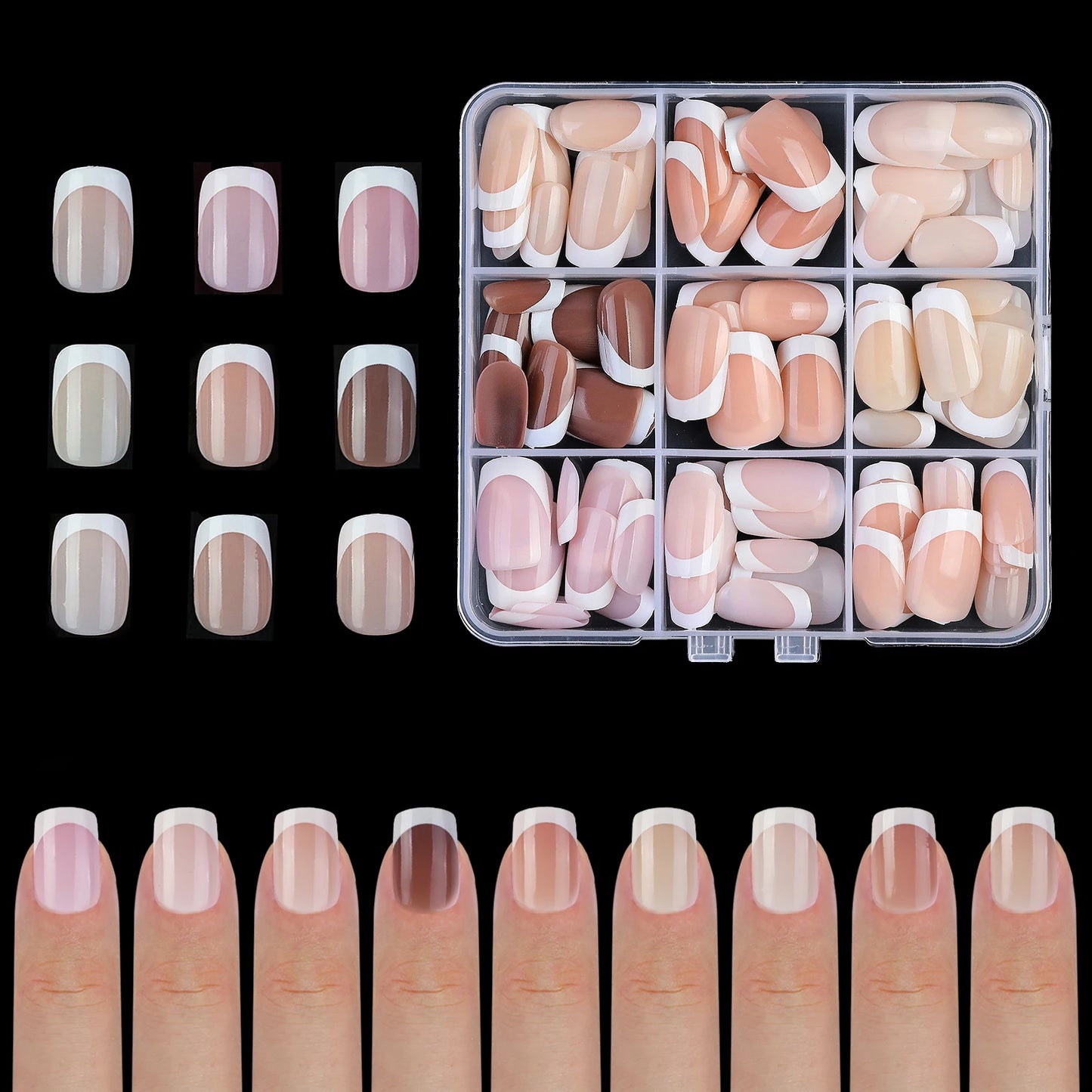 9 Palace lattice Almond Blend French Fake nails Simple Oval nude powder full cover press nails white edge Artificial removable