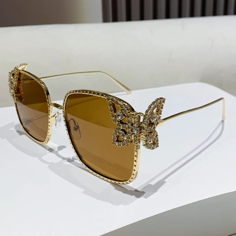 New butterfly diamond-encrusted square frame women fashion sunglasses street makeup camera glasses