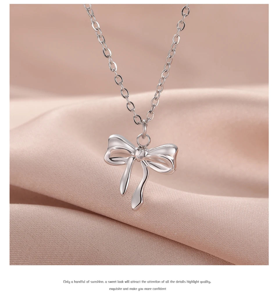 Unift Romantic Bowknot Necklace for Women Stainless Steel Pendant Jewelry Kpop Fashion Wedding Korean Bow Choker Neck Chain Gift