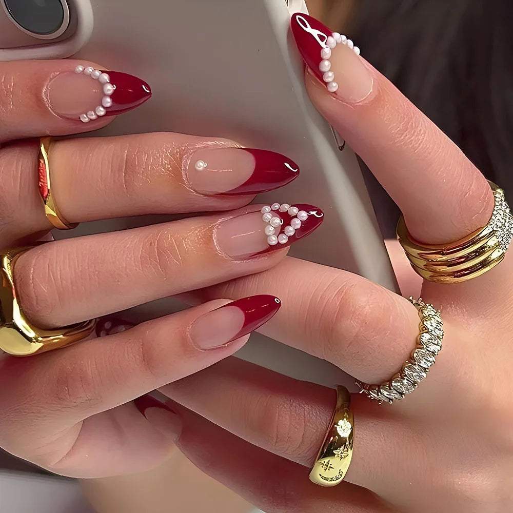 French Fake Nails Red Five-pointed Star False Nails Full Cover Press on Nail Tips y2k Nail Art Almond Artificial Nail Patches