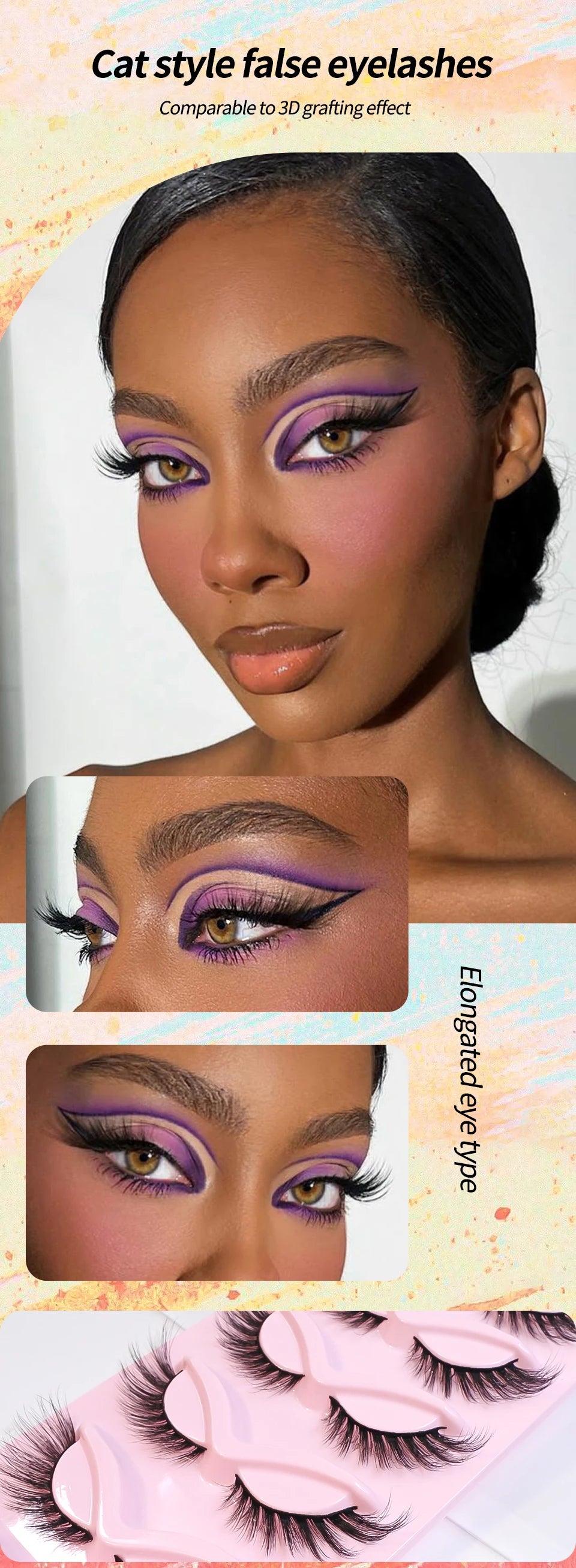 Cat Eye Lashes Natural Look Fox False Eyelashes Wispy & Lightweight Faux Mink Lashes for Doll Eye Makeup 5 Pairs/Pack