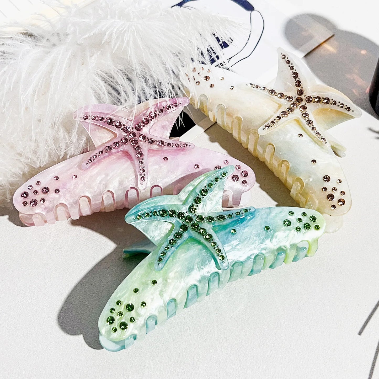 Hawaiian Style Hair Clips Summer Ocean Dopamine Crab Claw Shiny Siamond Starfish Ponytail Clips Sweet Korean Hair Accessories