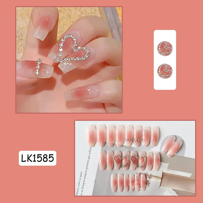 Pink Fake Nails Press on Nail Designs Art Long Tips False Forms with Glue Stick Stickers Reusable Set Acrylic Artificial