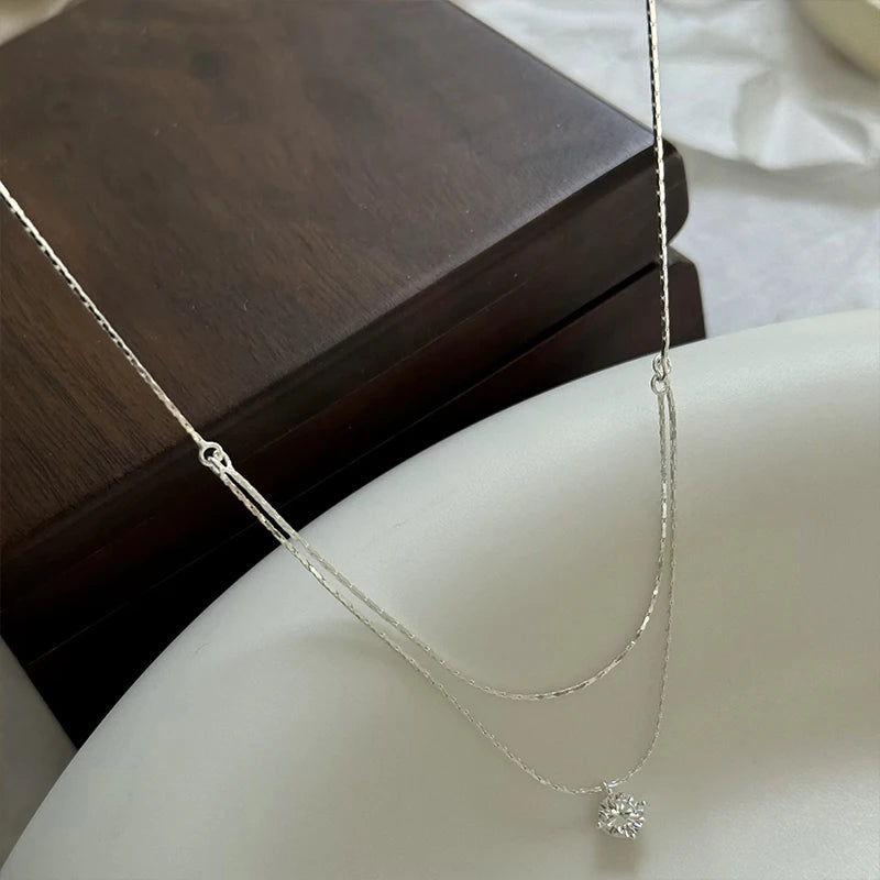 925 Sterling Silver Four Claw Zircon Pendant Necklace For Women Exquisite Double Layered Collarbone Chain Elegant Jewelry