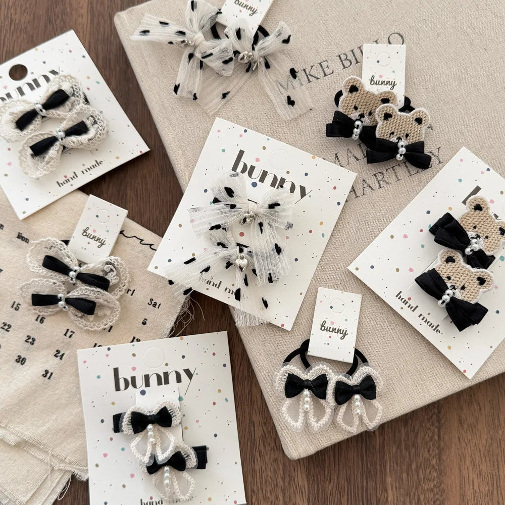 Cartoon Bear Cute Hairpins Baby Girl Black White Lace Barrettes Hair Clips Kawaii Bow Pearl Hair Clips for Kids Hair Accessories