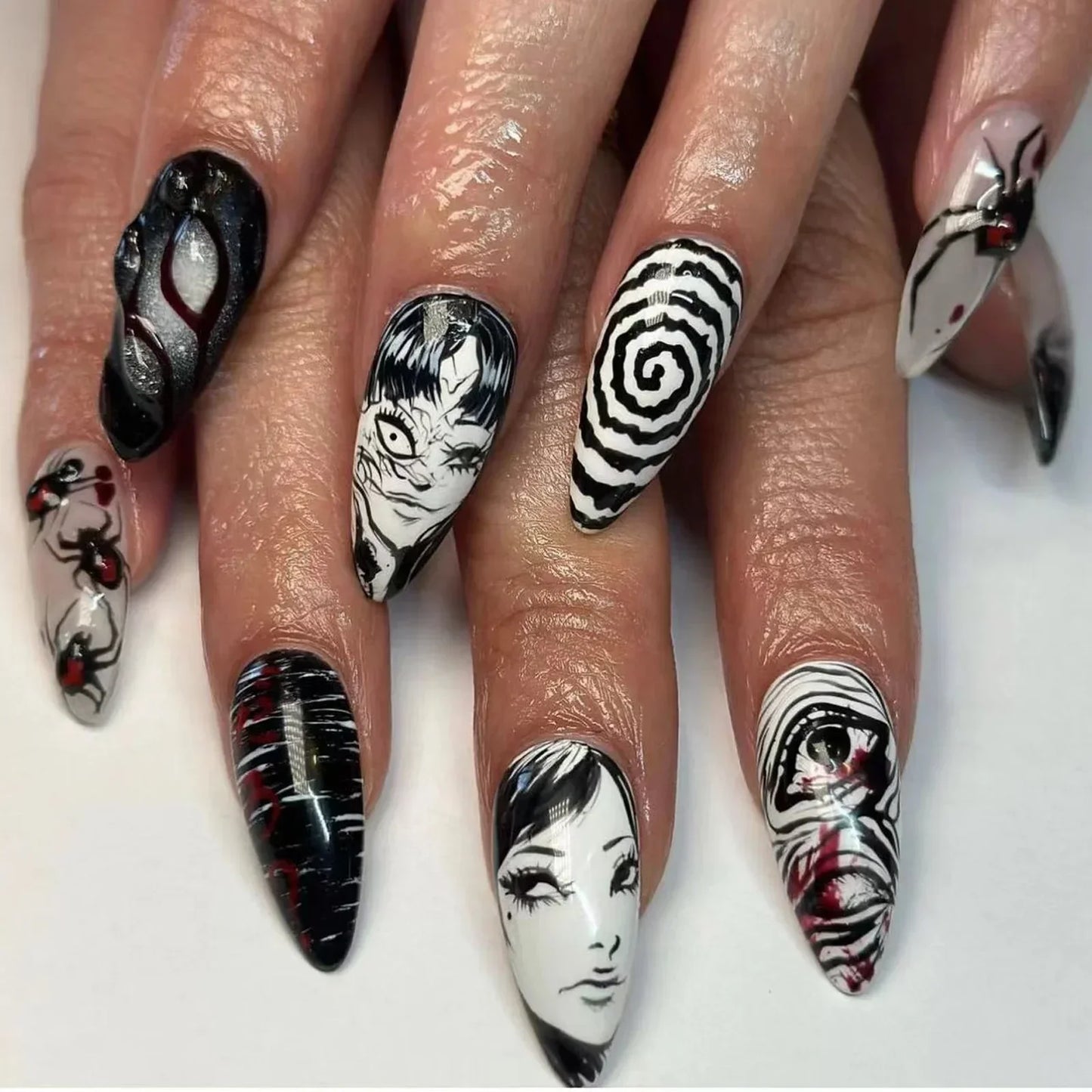 French Tips Press on Nails Long Fake Nails Black White Anime Comics Design Full Cover Punk Acrylic Artificial False Nails 24PCS