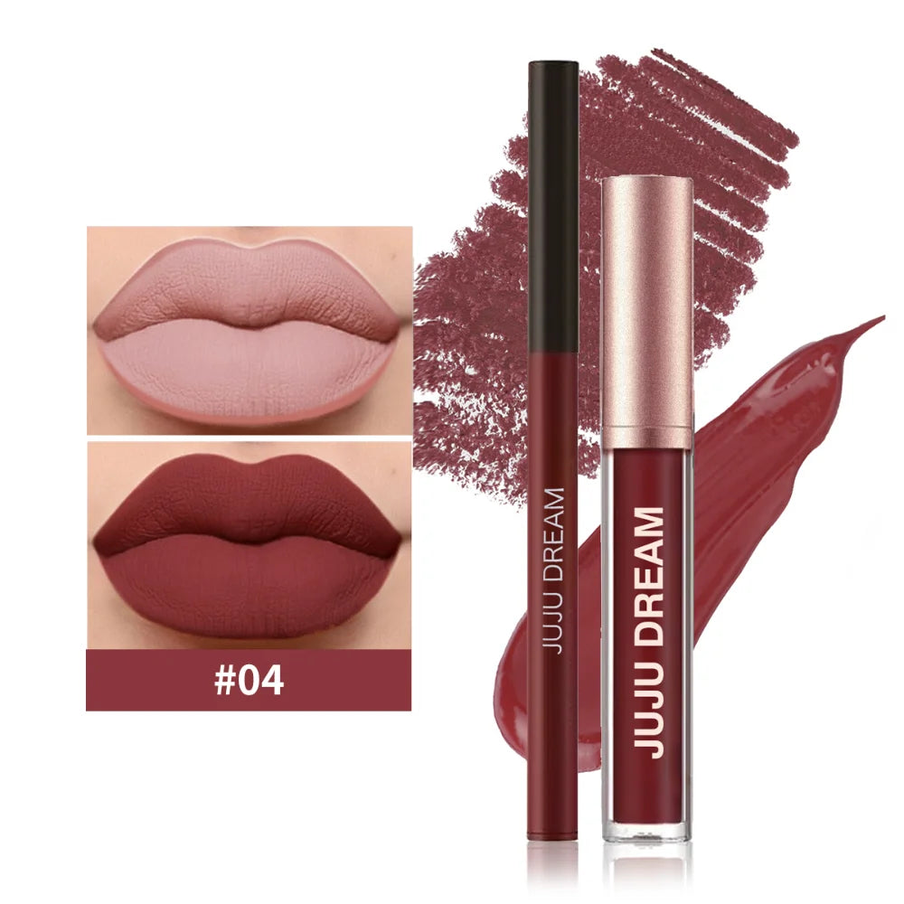 Matte Lip Liner & Lipstick Set, Waterproof Long-Lasting, Soft Matte Finish, Easy Apply, Xmas & Halloween Makeup, Unisex Safe