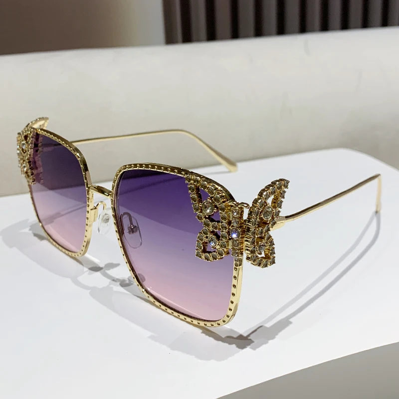 New butterfly diamond-encrusted square frame women fashion sunglasses street makeup camera glasses