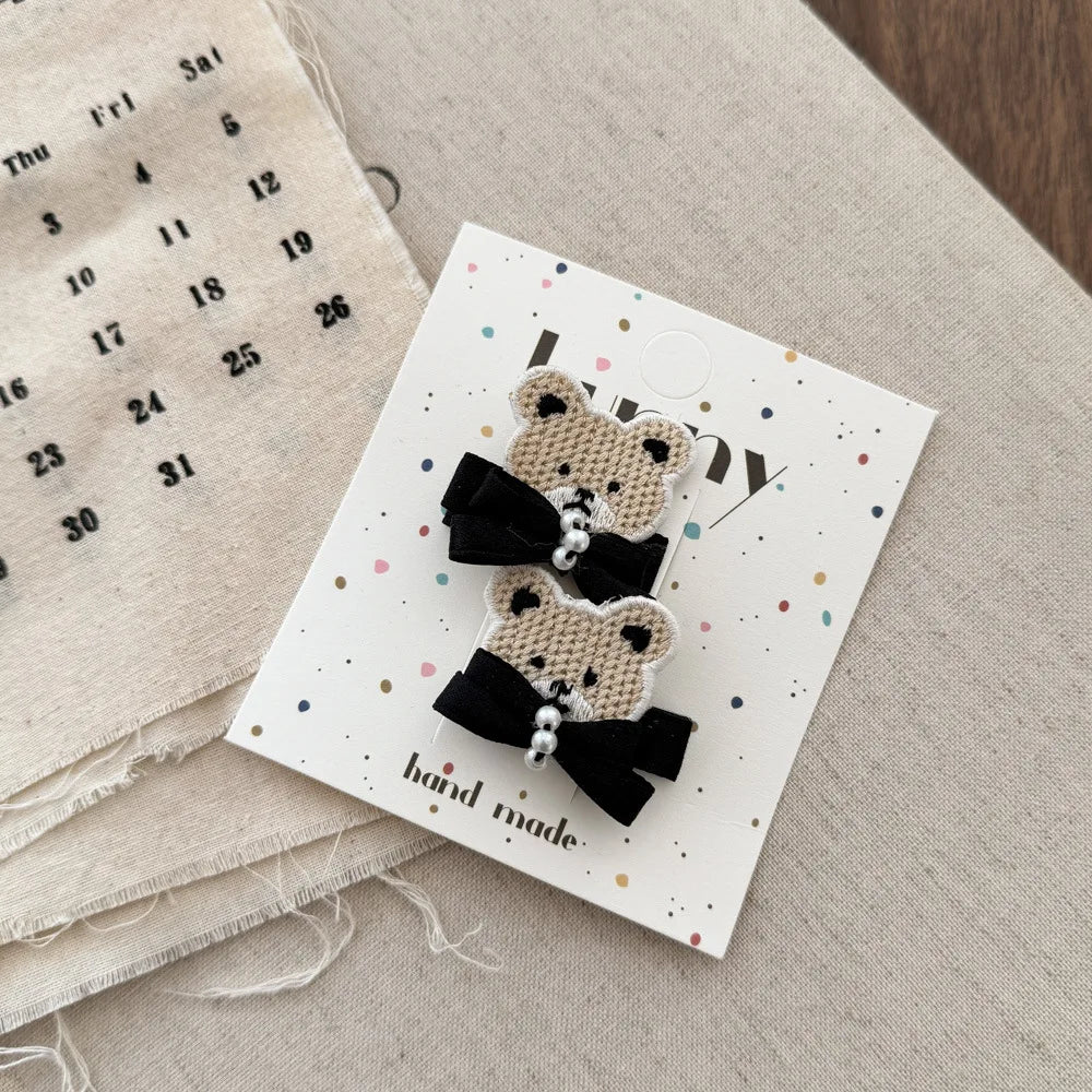 Cartoon Bear Cute Hairpins Baby Girl Black White Lace Barrettes Hair Clips Kawaii Bow Pearl Hair Clips for Kids Hair Accessories