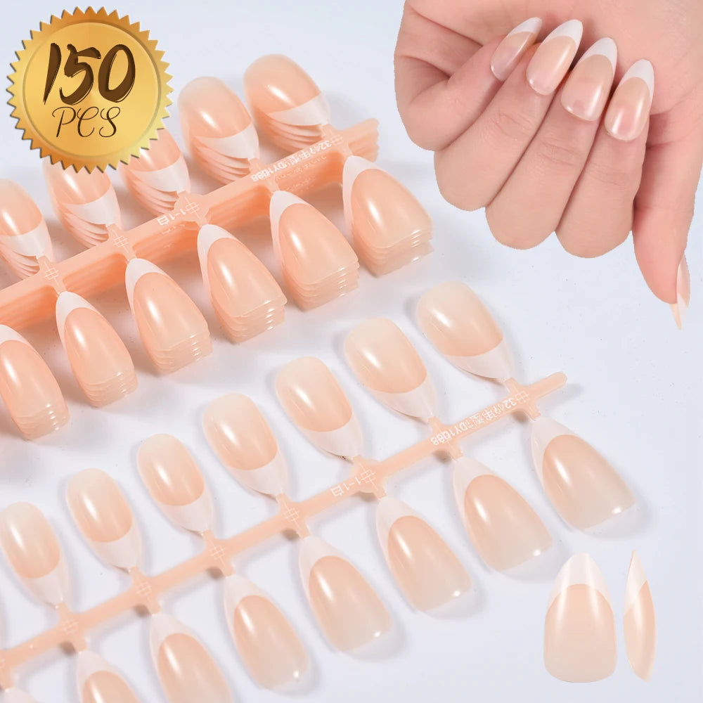 150Pcs Pre-made French False Nails Scarless Coffin Almond Fake Nail Artificial Fingernails Press on Nails for Nail Extension
