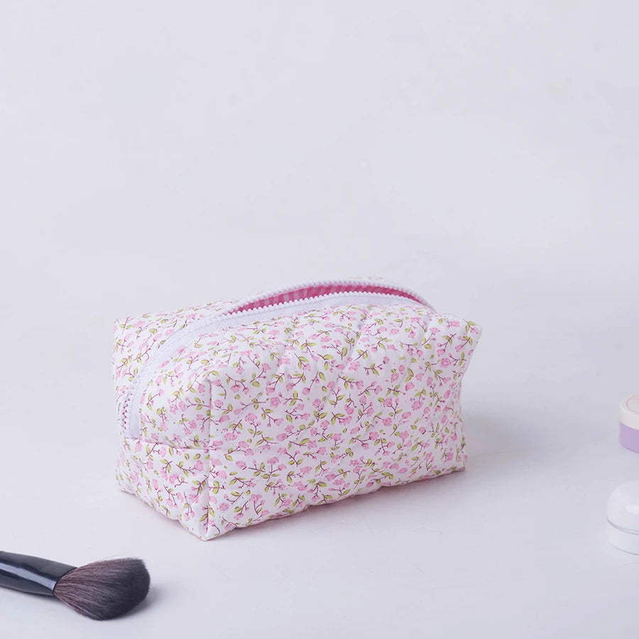 Storage Organizer Floral Puffy Quilted Makeup Bag Flower Printed Cosmetic Pouch Large Travel Cosmetic Bag Makeup Accessory