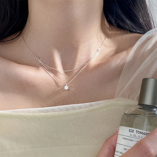 925 Sterling Silver Four Claw Zircon Pendant Necklace For Women Exquisite Double Layered Collarbone Chain Elegant Jewelry