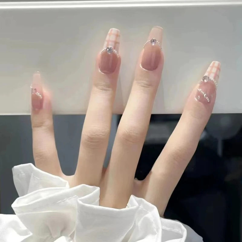 Pink Fake Nails Press on Nail Designs Art Long Tips False Forms with Glue Stick Stickers Reusable Set Acrylic Artificial