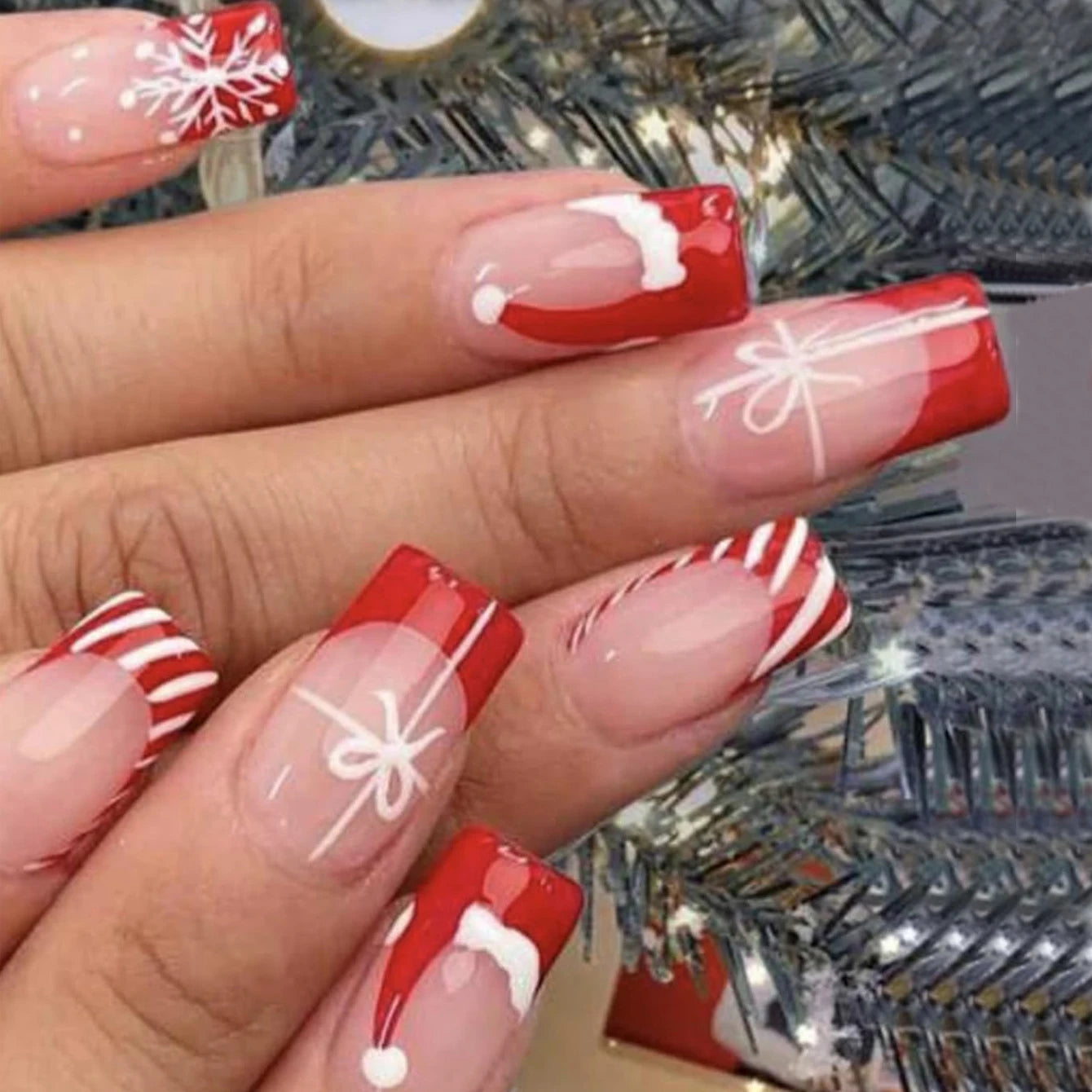 24PCS Square Artificial Nails With Bow, Glitter Checkered Snowflake Design, Pink Winter Holiday Acrylic Artificial Nails