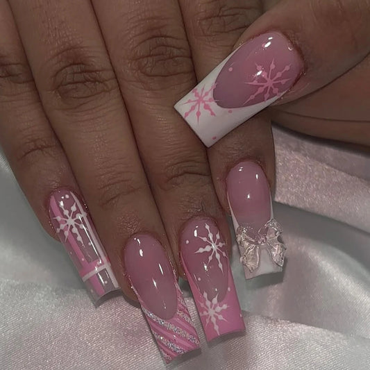 24PCS Square Artificial Nails With Bow, Glitter Checkered Snowflake Design, Pink Winter Holiday Acrylic Artificial Nails