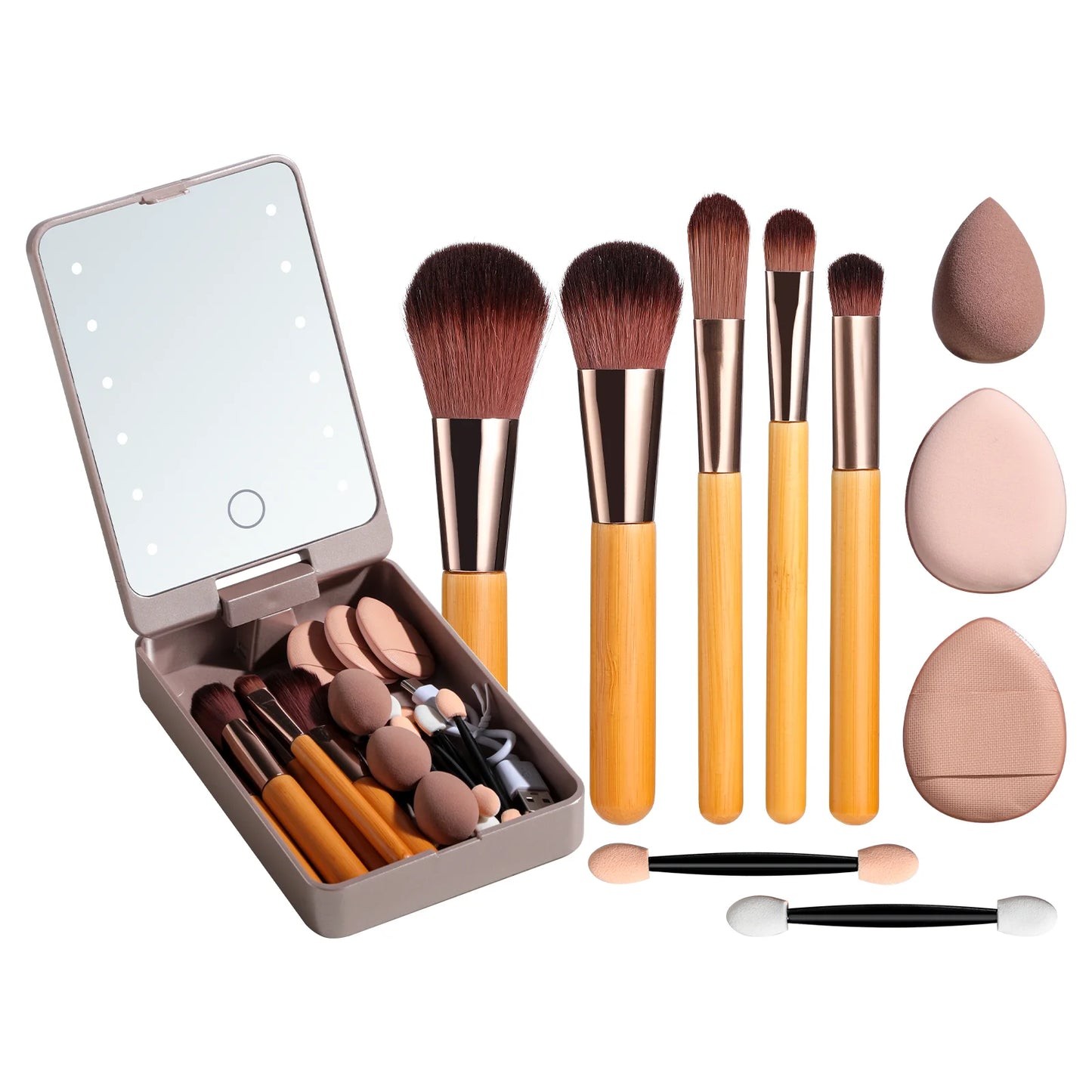 Makeup Brushes with Case For Travel Cosmetic Tools Foundation Concealer Blush Eyeshadow Brush with Led Light Mirror