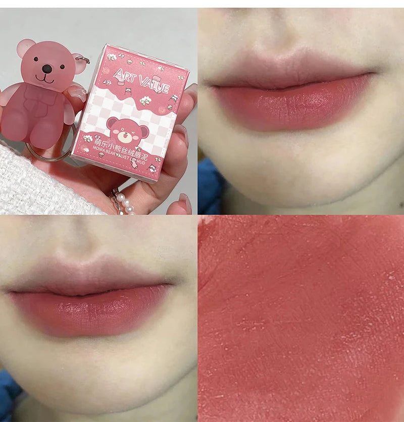 Cute Bear Keychain Velvet Mist Lip Glaze Waterproof Lasting Matte Lipstick Orange Lips Tint Women Dupes Korean Makeup Cosmetic