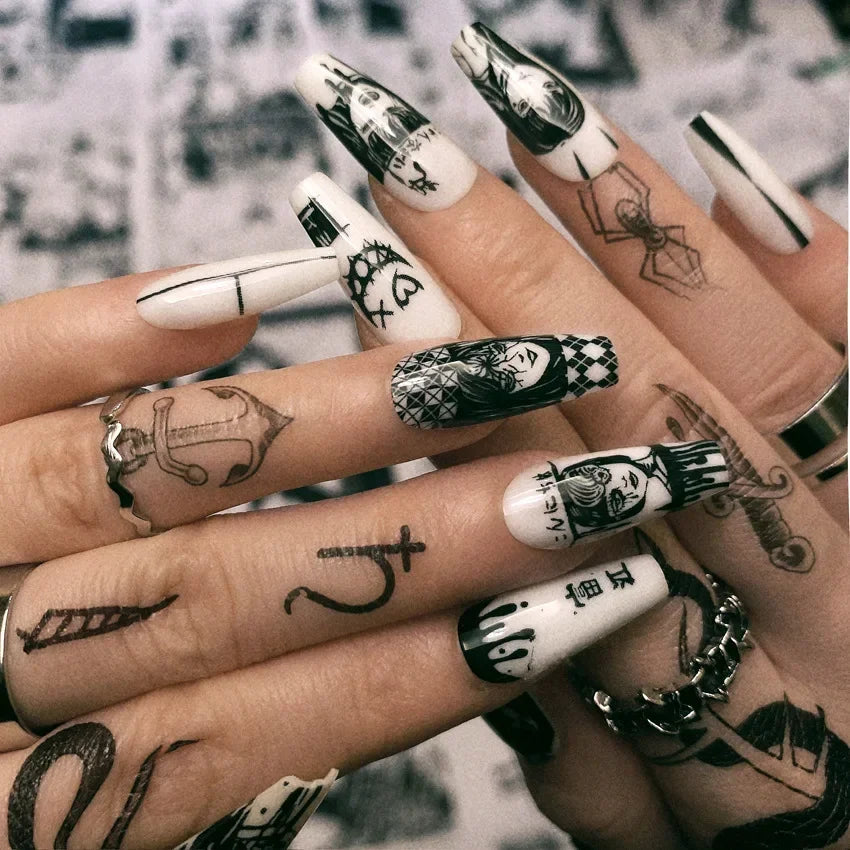 French Tips Press on Nails Long Fake Nails Black White Anime Comics Design Full Cover Punk Acrylic Artificial False Nails 24PCS