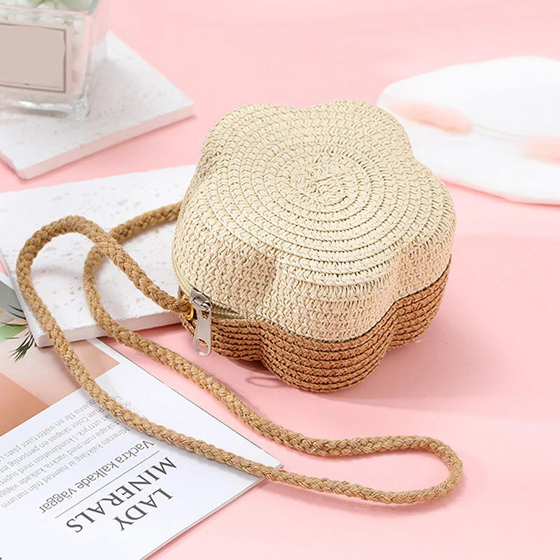 Handmade Kids Girls Shoulder Bag Flower Straw Baby Bags Messenger Bag Children Keys Coin Purse Cute Princess Mini Handbag