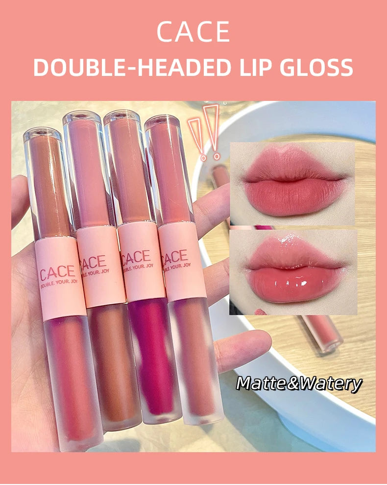 CACE Double Head Lip Gloss Sexy Red Lip Makeup Lip Mud Mirror Water Gloss Lip Glaze Matte Lipstick Waterproof Korean Cosmetics