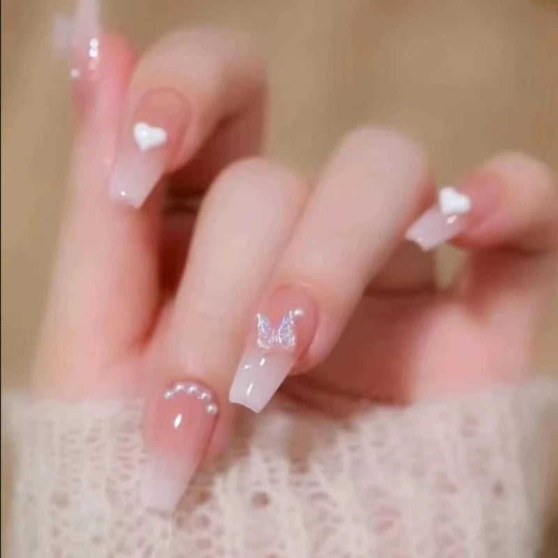 Pink Fake Nails Press on Nail Designs Art Long Tips False Forms with Glue Stick Stickers Reusable Set Acrylic Artificial