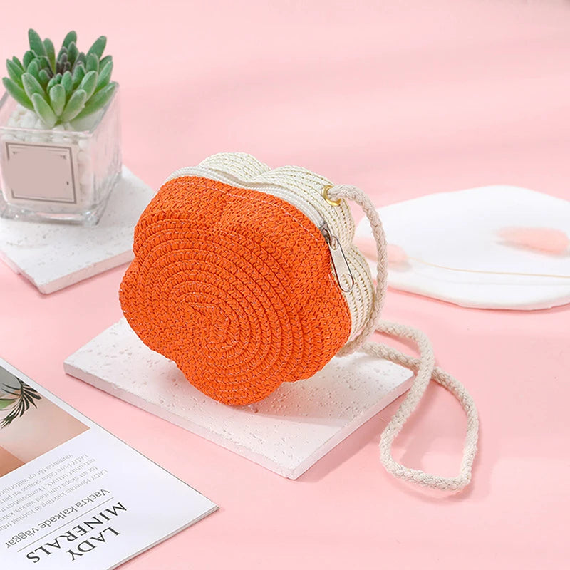 Handmade Kids Girls Shoulder Bag Flower Straw Baby Bags Messenger Bag Children Keys Coin Purse Cute Princess Mini Handbag