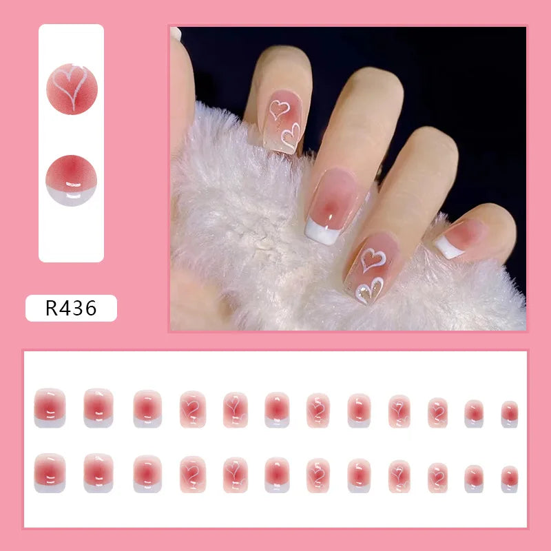 24PCS/Box 2022New Artificial Nails With Glue Milky White Pink Gradients Long Ballet Full Cover Acrylic Nail Stick Fake Nail Tips
