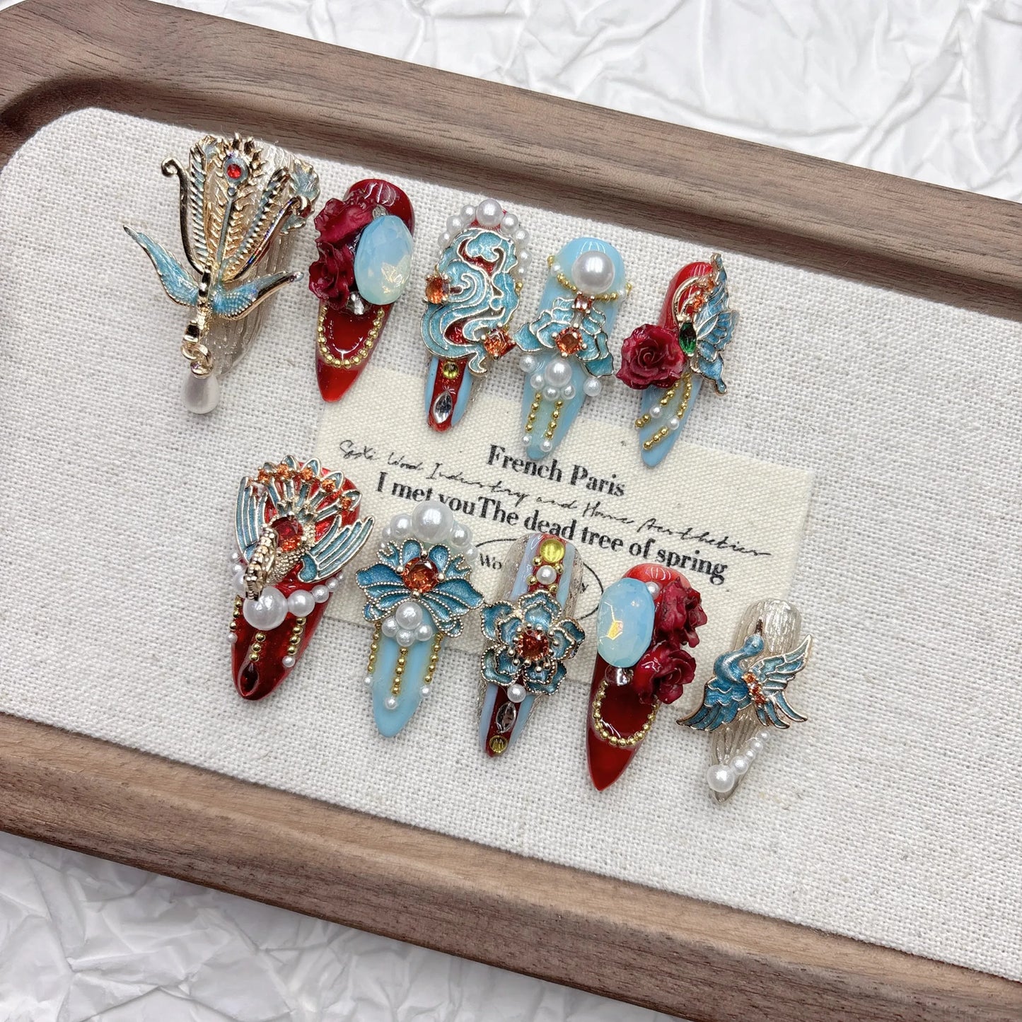 Long-Lasting Press-on Artificial Nails with Silk Flower & Electroplated Alloy Traditional Chinese Red Blue Nail Art for Hanfu