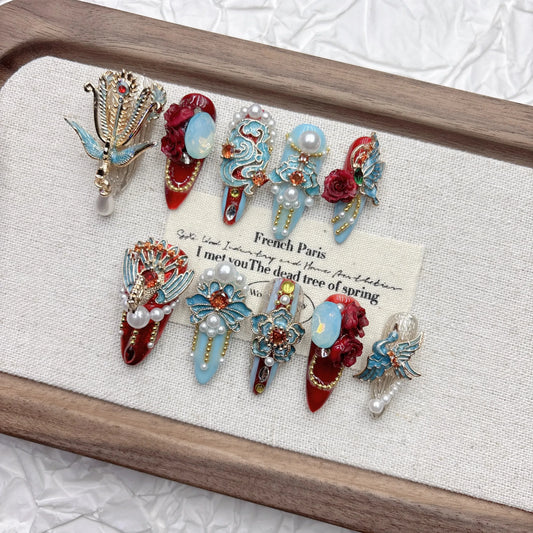 Long-Lasting Press-on Artificial Nails with Silk Flower & Electroplated Alloy Traditional Chinese Red Blue Nail Art for Hanfu