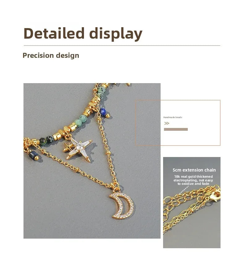 Bohemian Versatile African Turquoise Handmade Beaded Necklace Moon Pendant High-End Layering Clavicle Chain Jewelry Accessory