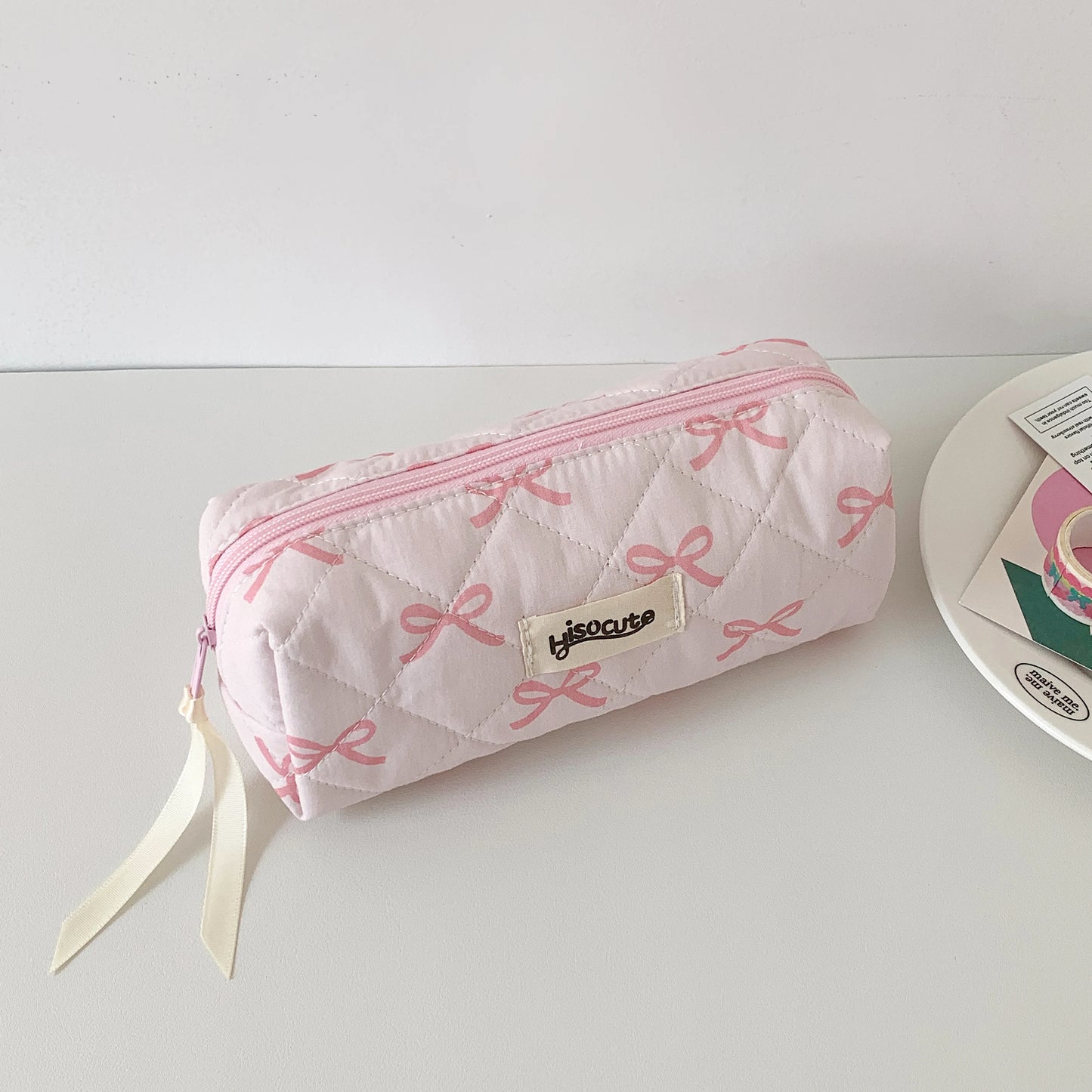 Sweet Girl Pencil Pouch Bow Ribbon Decoration Fabric Pencil Pouch School Stationery Organizer Kawaii Pencil Bag