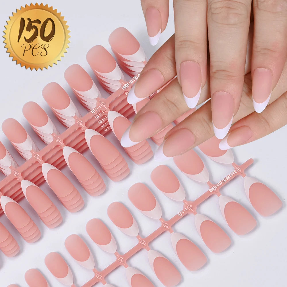 150Pcs Pre-made French False Nails Scarless Coffin Almond Fake Nail Artificial Fingernails Press on Nails for Nail Extension